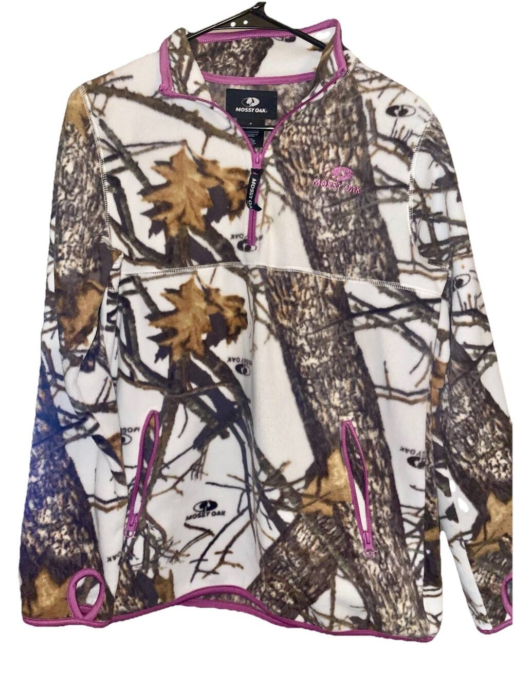 Girls Mossy Oak White Purple Camo Fleece Pullover Sweater Sz M 8-10 Thumb Holes